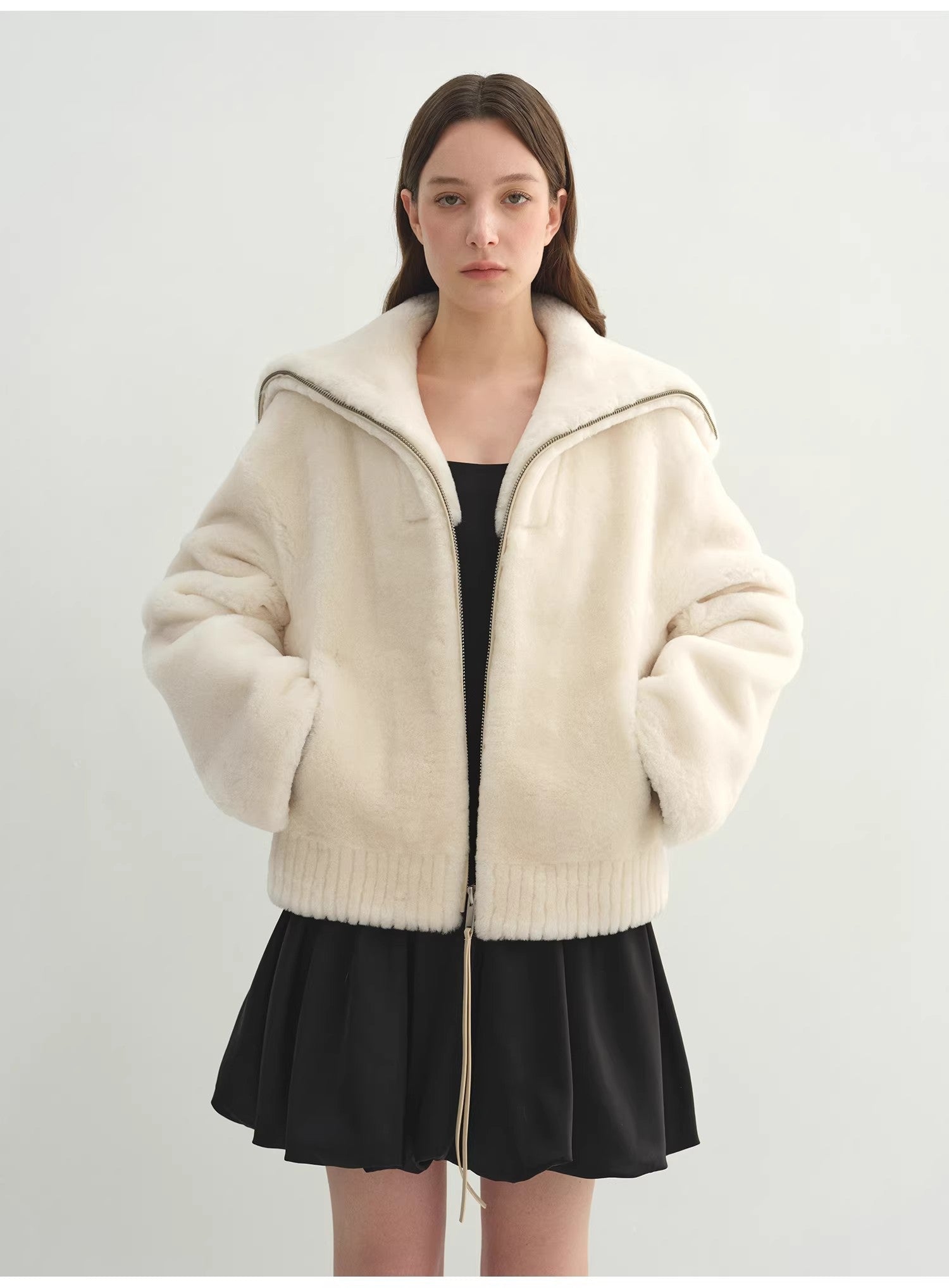 Firelady Fur Women's Shearling Leather Coat | Short Navy Collar Merino Wool Blend“Butter Crisp” - variant_title