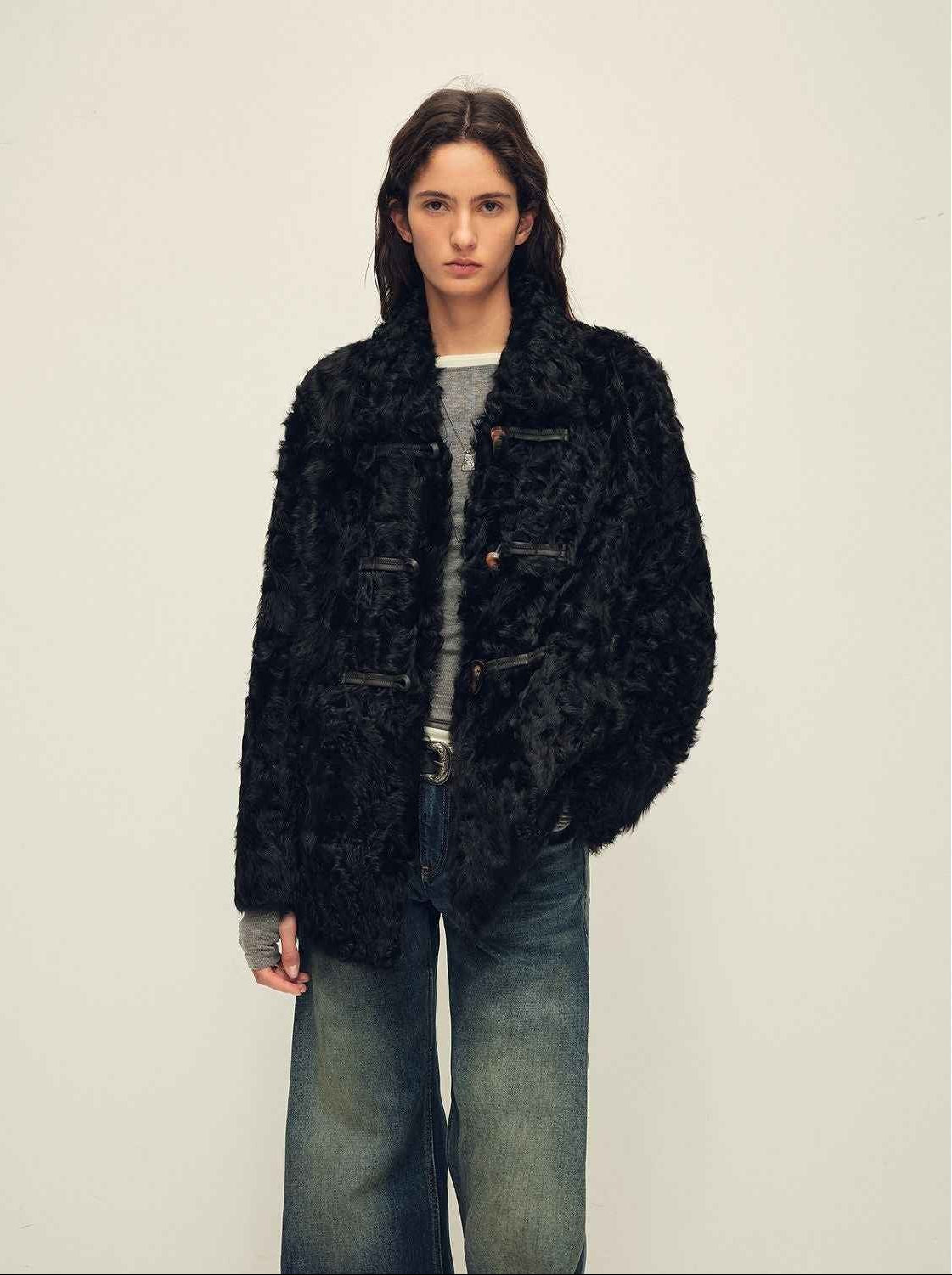 Firelady Fur Women's Sheepskin Wool Coat - Water Ripple Pattern Horn Button Mid - Length Jacket "Moro Garden"
