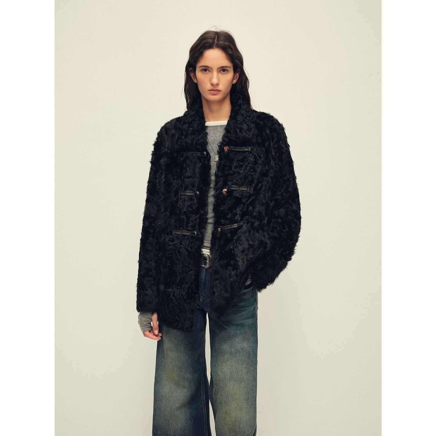 Firelady Fur Women's Sheepskin Wool Coat - Water Ripple Pattern Horn Button Mid - Length Jacket "Moro Garden"