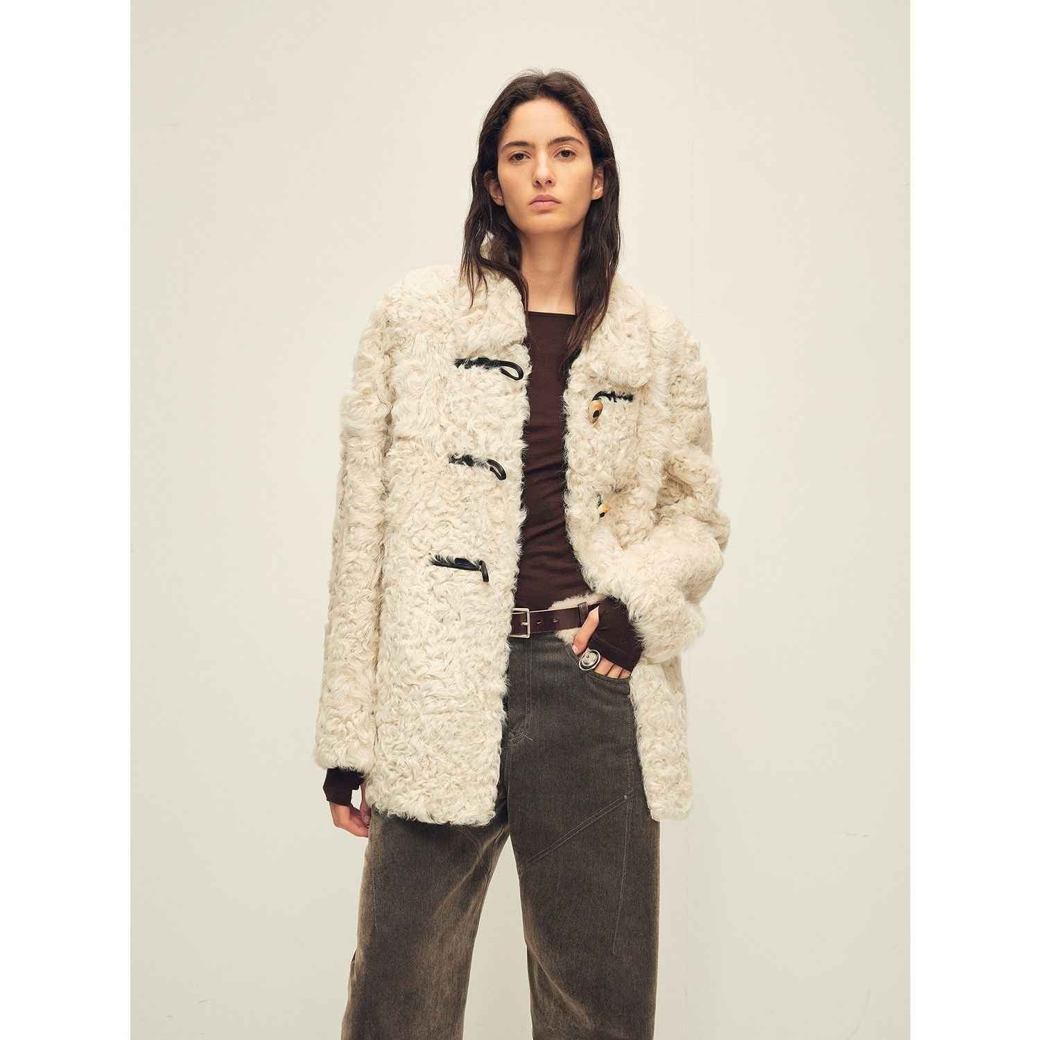 Firelady Fur Women's Sheepskin Wool Coat - Water Ripple Pattern Horn Button Mid - Length Jacket "Moro Garden"