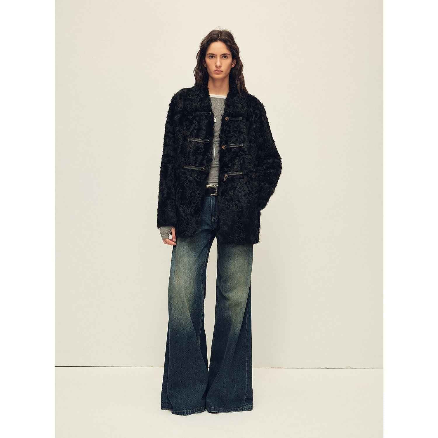 Firelady Fur Women's Sheepskin Wool Coat - Water Ripple Pattern Horn Button Mid - Length Jacket "Moro Garden"