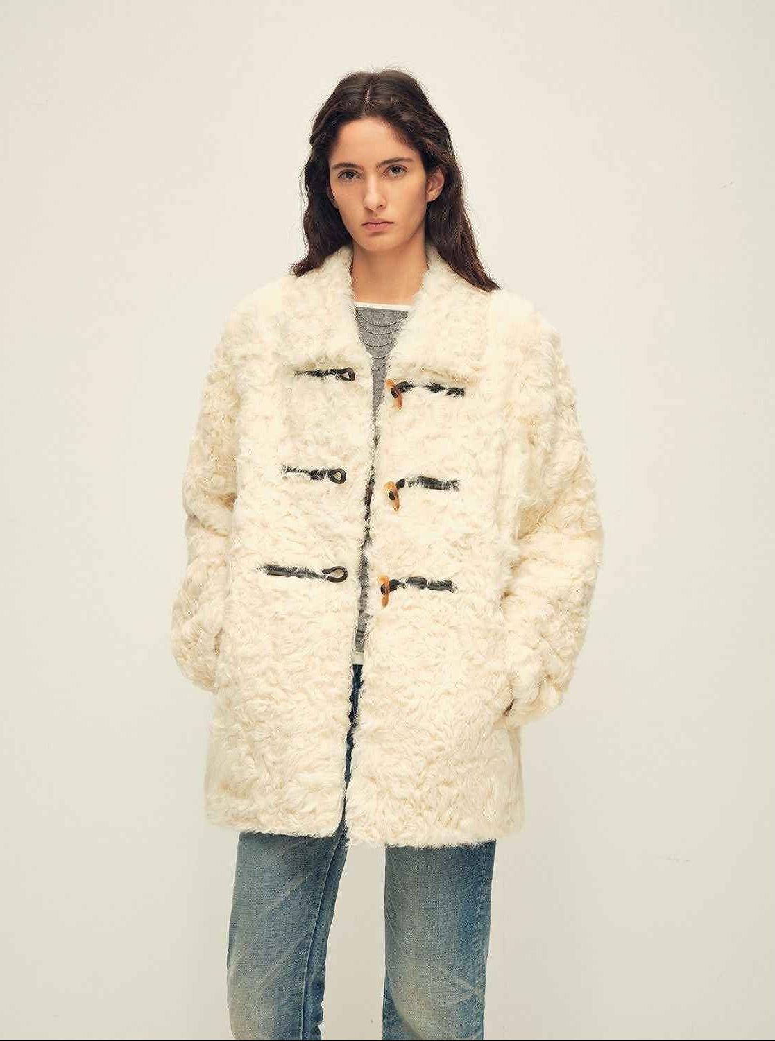 Firelady Fur Women's Sheepskin Wool Coat - Water Ripple Pattern Horn Button Mid - Length Jacket "Moro Garden"
