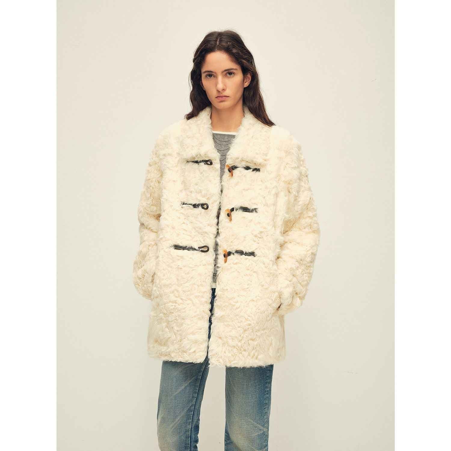 Firelady Fur Women's Sheepskin Wool Coat - Water Ripple Pattern Horn Button Mid - Length Jacket "Moro Garden"