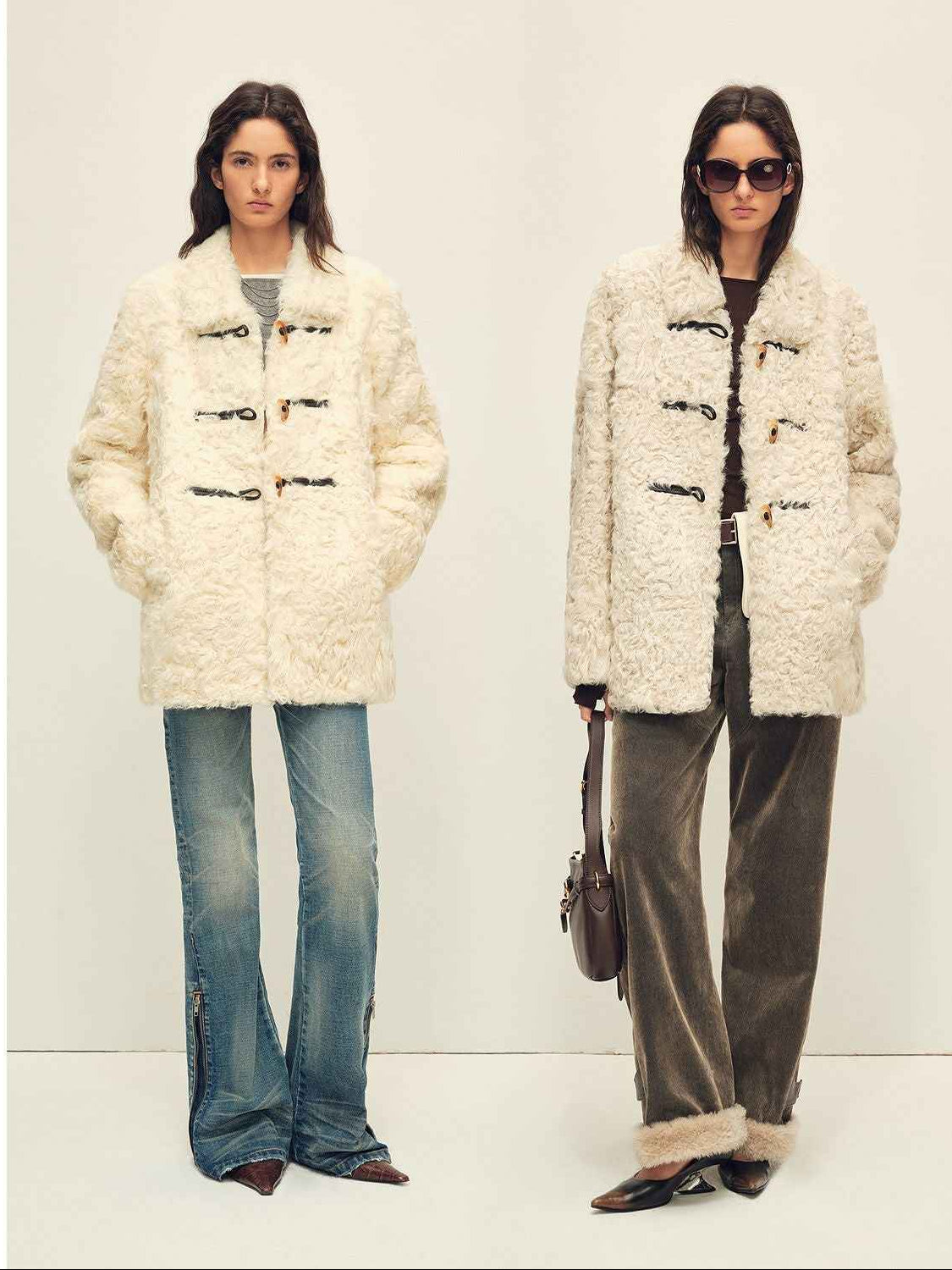 Firelady Fur Women's Sheepskin Wool Coat - Water Ripple Pattern Horn Button Mid - Length Jacket "Moro Garden"