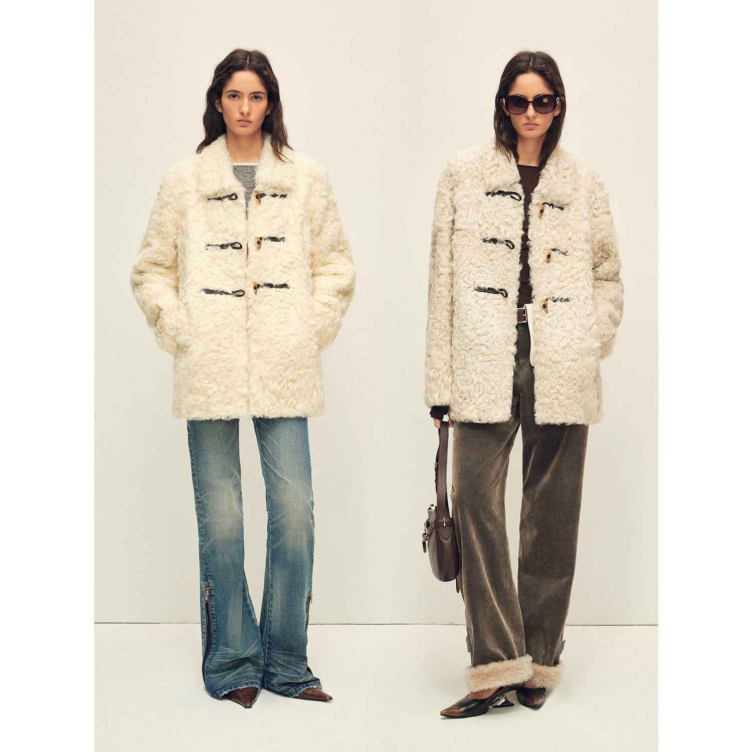 Firelady Fur Women's Sheepskin Wool Coat - Water Ripple Pattern Horn Button Mid - Length Jacket "Moro Garden"