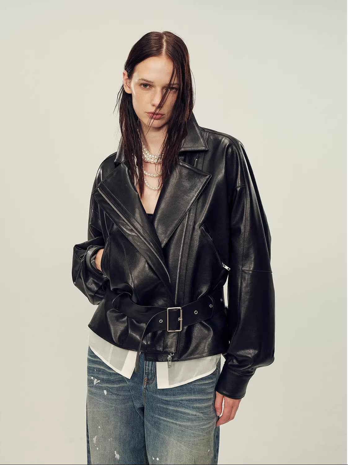 Firelady Fur Women's Two - Tone Waxed Sheepskin Leather Jacket - Belted Lapel Short Coat "Modern Queen" - variant_title