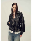Firelady Fur Women's Two - Tone Waxed Sheepskin Leather Jacket - Belted Lapel Short Coat "Modern Queen" - variant_title