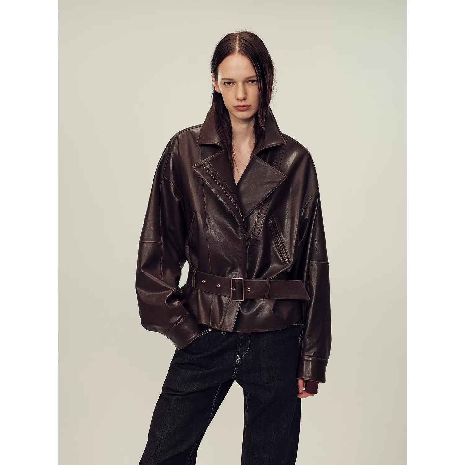 Firelady Fur Women's Two - Tone Waxed Sheepskin Leather Jacket - Belted Lapel Short Coat "Modern Queen" - variant_title