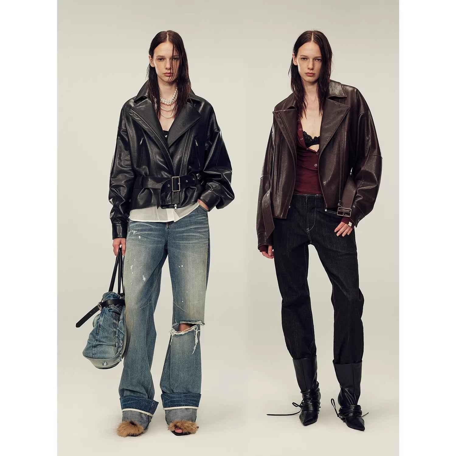 Firelady Fur Women's Two - Tone Waxed Sheepskin Leather Jacket - Belted Lapel Short Coat "Modern Queen" - variant_title