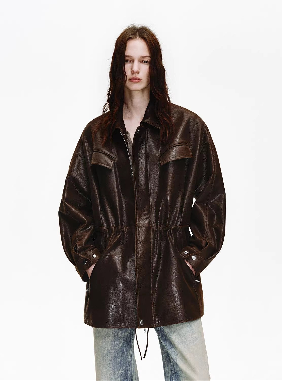 Firelady Fur Women's Waxed Lambskin Leather Jacket - Drawstring Waist Workwear Style "Time Traveler" - variant_title