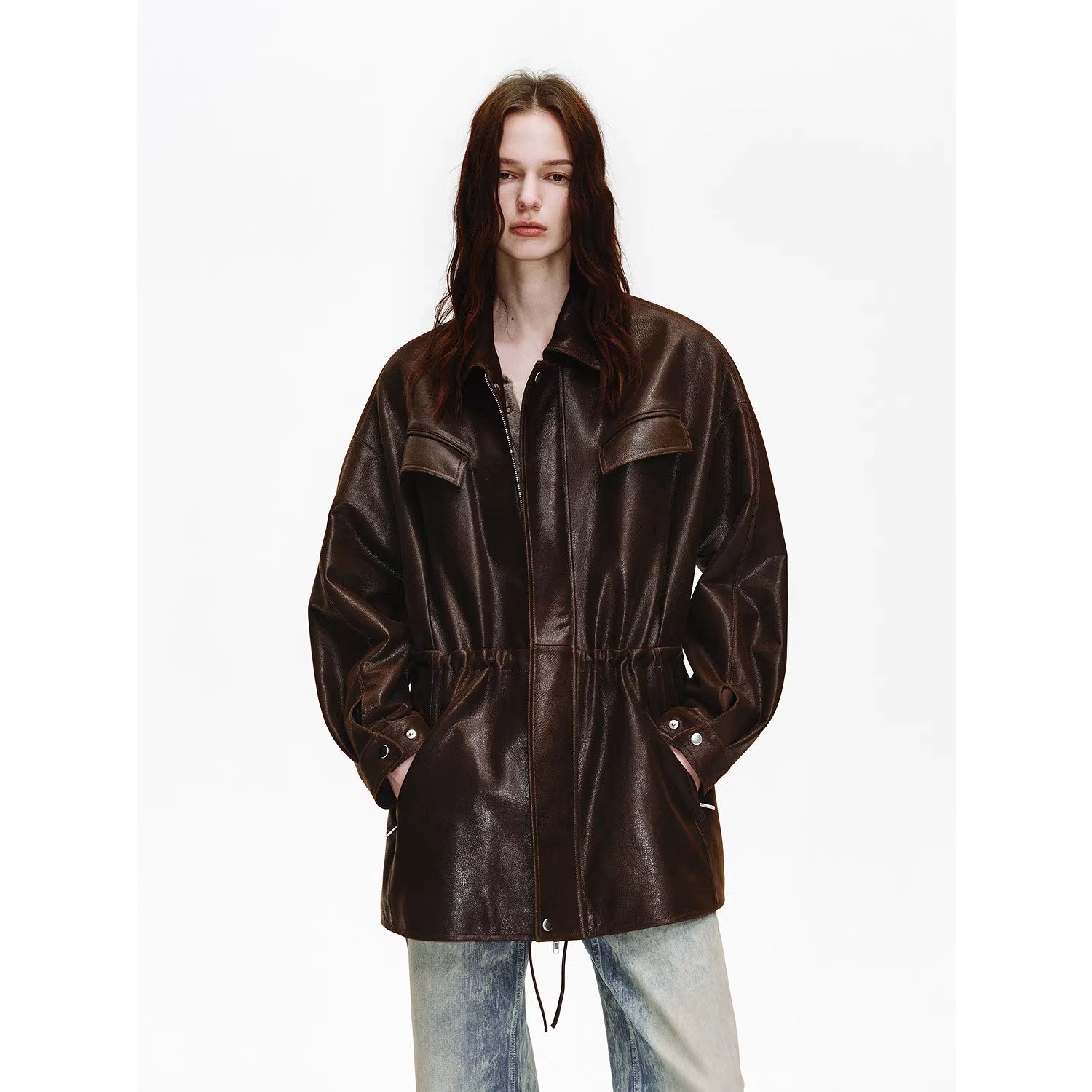 Firelady Fur Women's Waxed Lambskin Leather Jacket - Drawstring Waist Workwear Style "Time Traveler" - variant_title