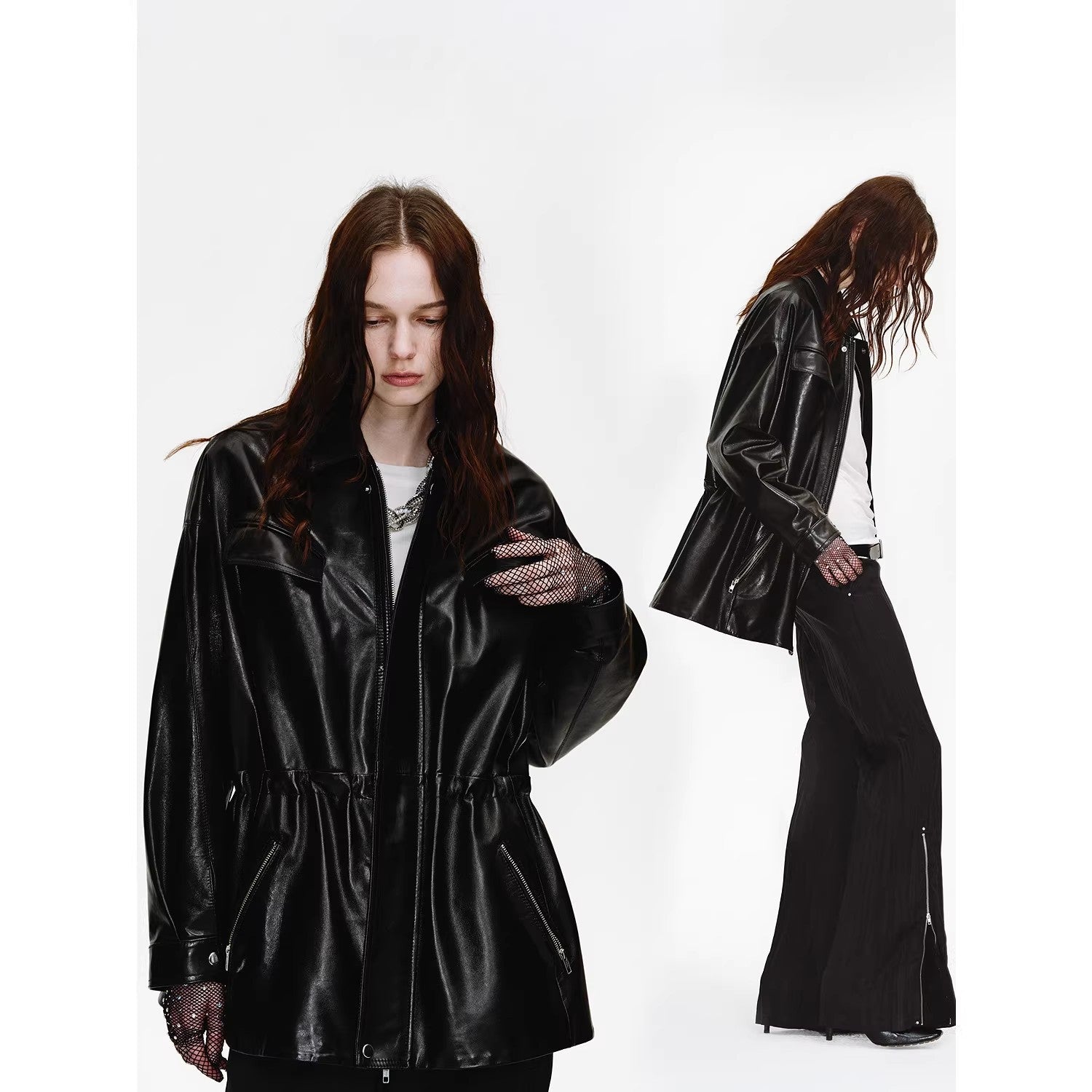 Firelady Fur Women's Waxed Lambskin Leather Jacket - Drawstring Waist Workwear Style "Time Traveler" - variant_title