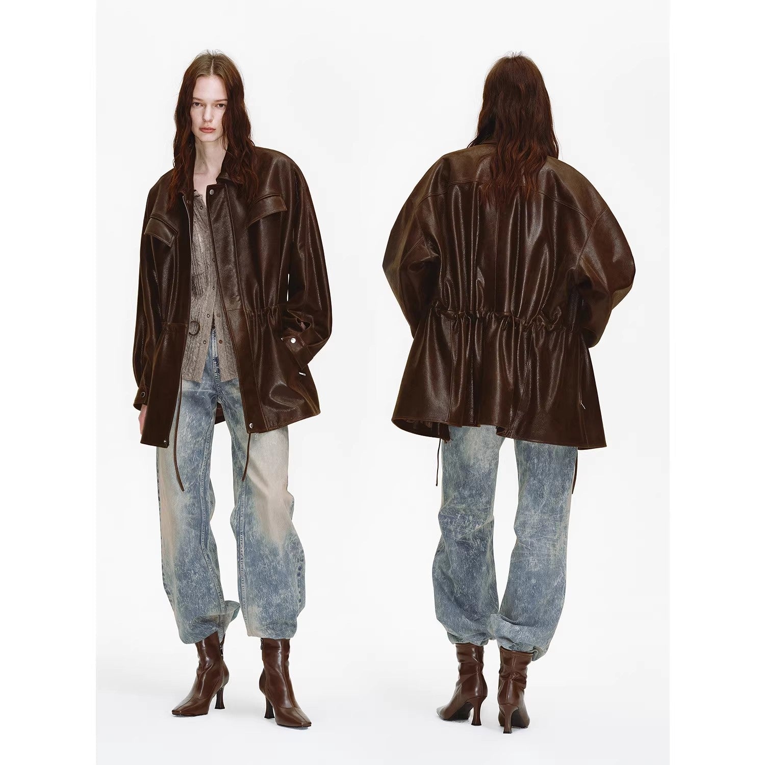 Firelady Fur Women's Waxed Lambskin Leather Jacket - Drawstring Waist Workwear Style "Time Traveler" - variant_title