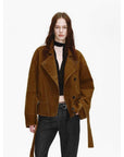 Firelady Fur Women's Waxed Sheepskin Biker Coat - Belted Asymmetric Lapel "Peninsula Black Tea" - variant_title