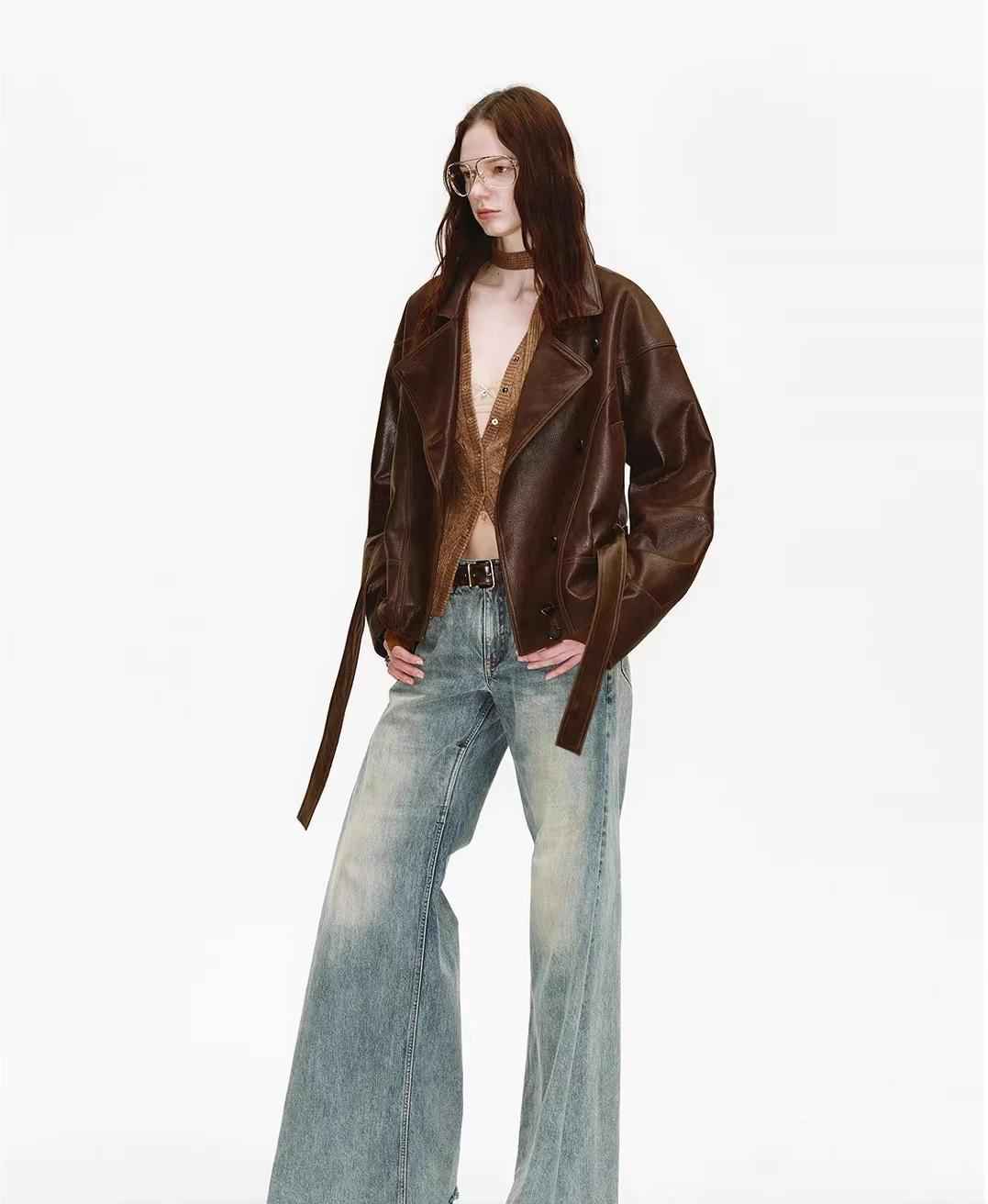 Firelady Fur Women's Waxed Sheepskin Biker Coat - Belted Asymmetric Lapel "Peninsula Black Tea" - variant_title