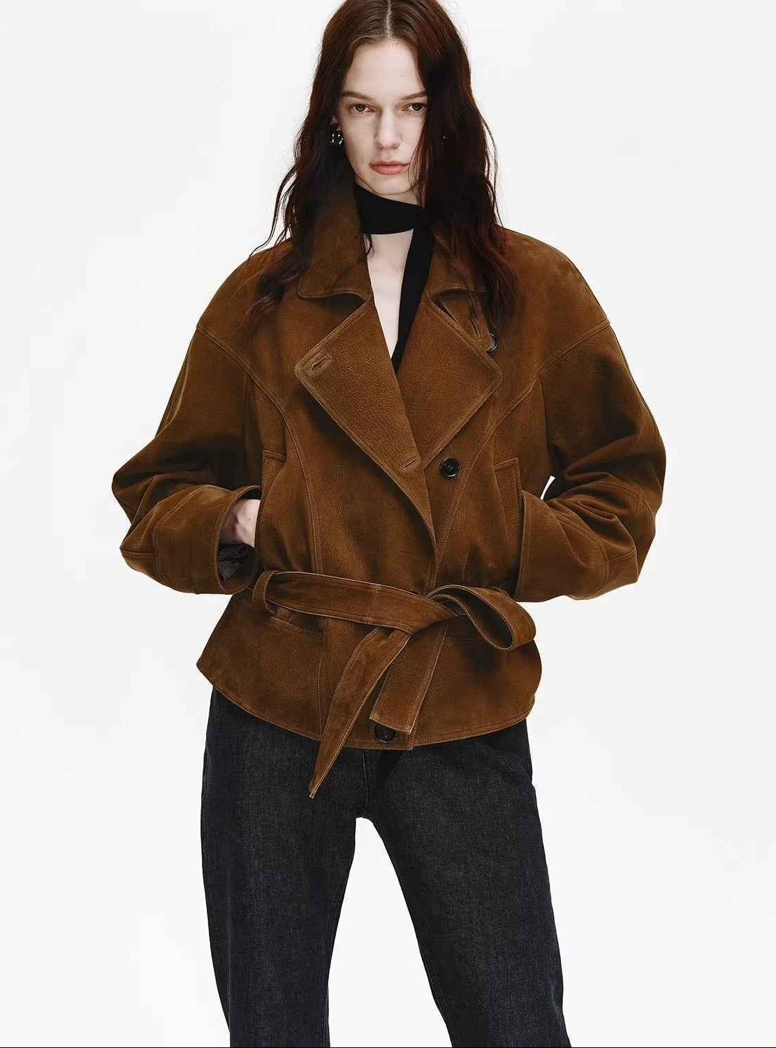 Firelady Fur Women's Waxed Sheepskin Biker Coat - Belted Asymmetric Lapel "Peninsula Black Tea" - variant_title