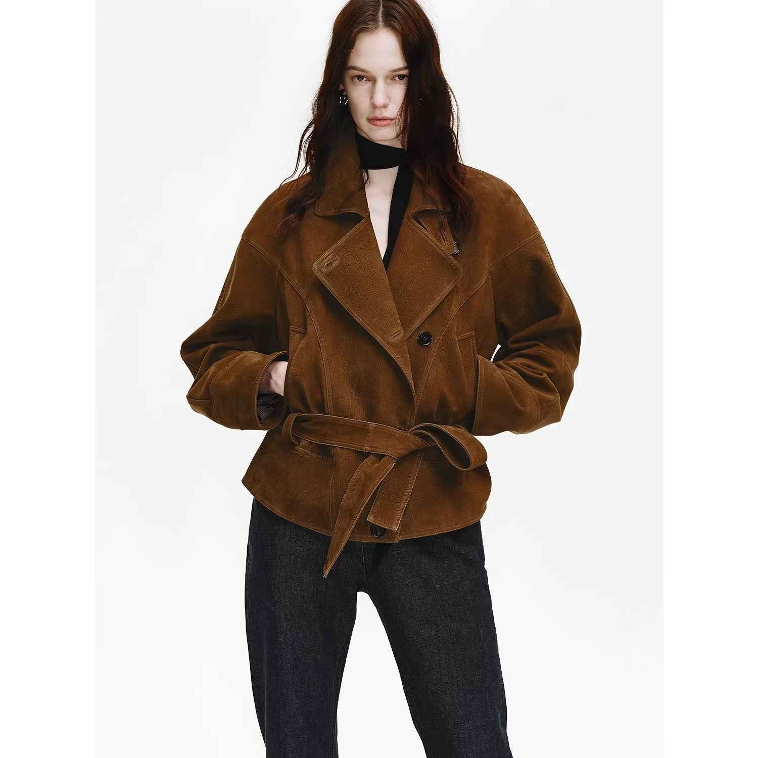 Firelady Fur Women's Waxed Sheepskin Biker Coat - Belted Asymmetric Lapel "Peninsula Black Tea" - variant_title