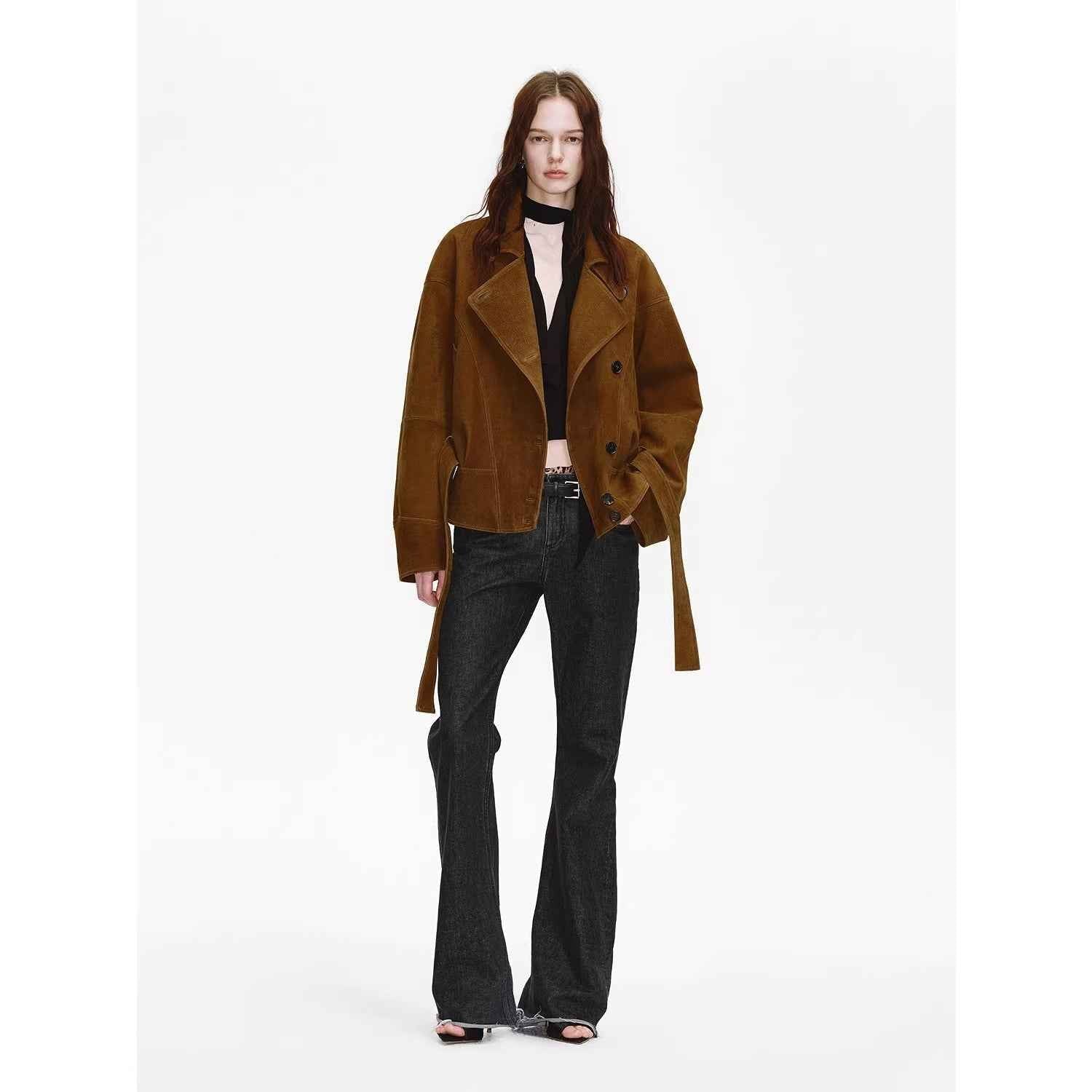 Firelady Fur Women's Waxed Sheepskin Biker Coat - Belted Asymmetric Lapel "Peninsula Black Tea" - variant_title