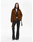 Firelady Fur Women's Waxed Sheepskin Biker Coat - Belted Asymmetric Lapel "Peninsula Black Tea" - variant_title