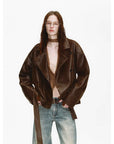Firelady Fur Women's Waxed Sheepskin Biker Coat - Belted Asymmetric Lapel "Peninsula Black Tea" - variant_title