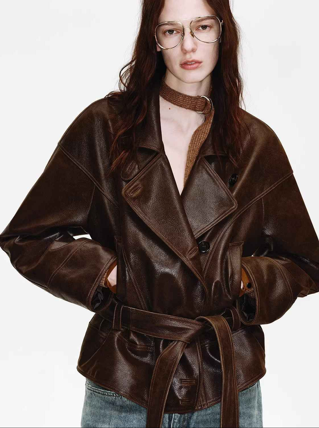 Firelady Fur Women's Waxed Sheepskin Biker Coat - Belted Asymmetric Lapel "Peninsula Black Tea" - variant_title
