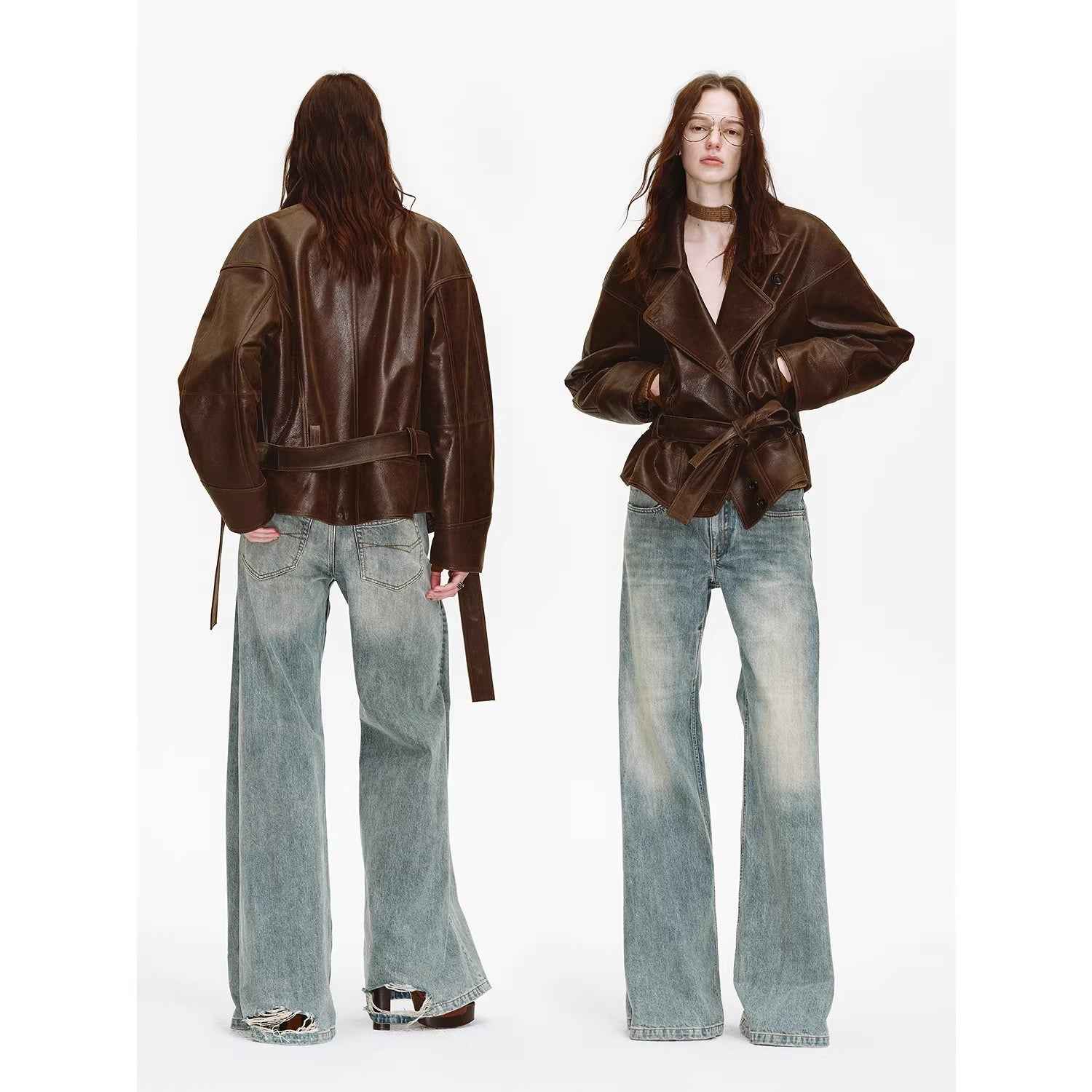 Firelady Fur Women's Waxed Sheepskin Biker Coat - Belted Asymmetric Lapel "Peninsula Black Tea" - variant_title