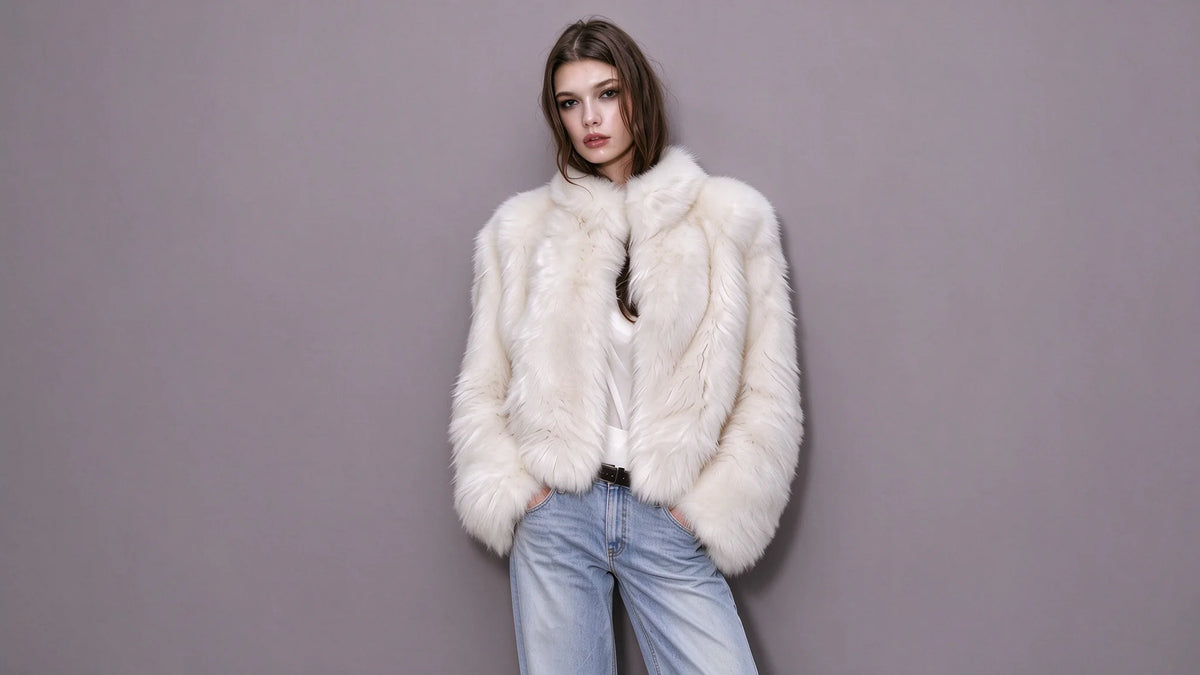 Firelady Fur model in a white fur jacket