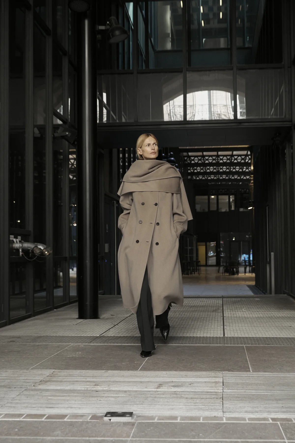 Grey long coat reference showing shoulder width and scarf volume