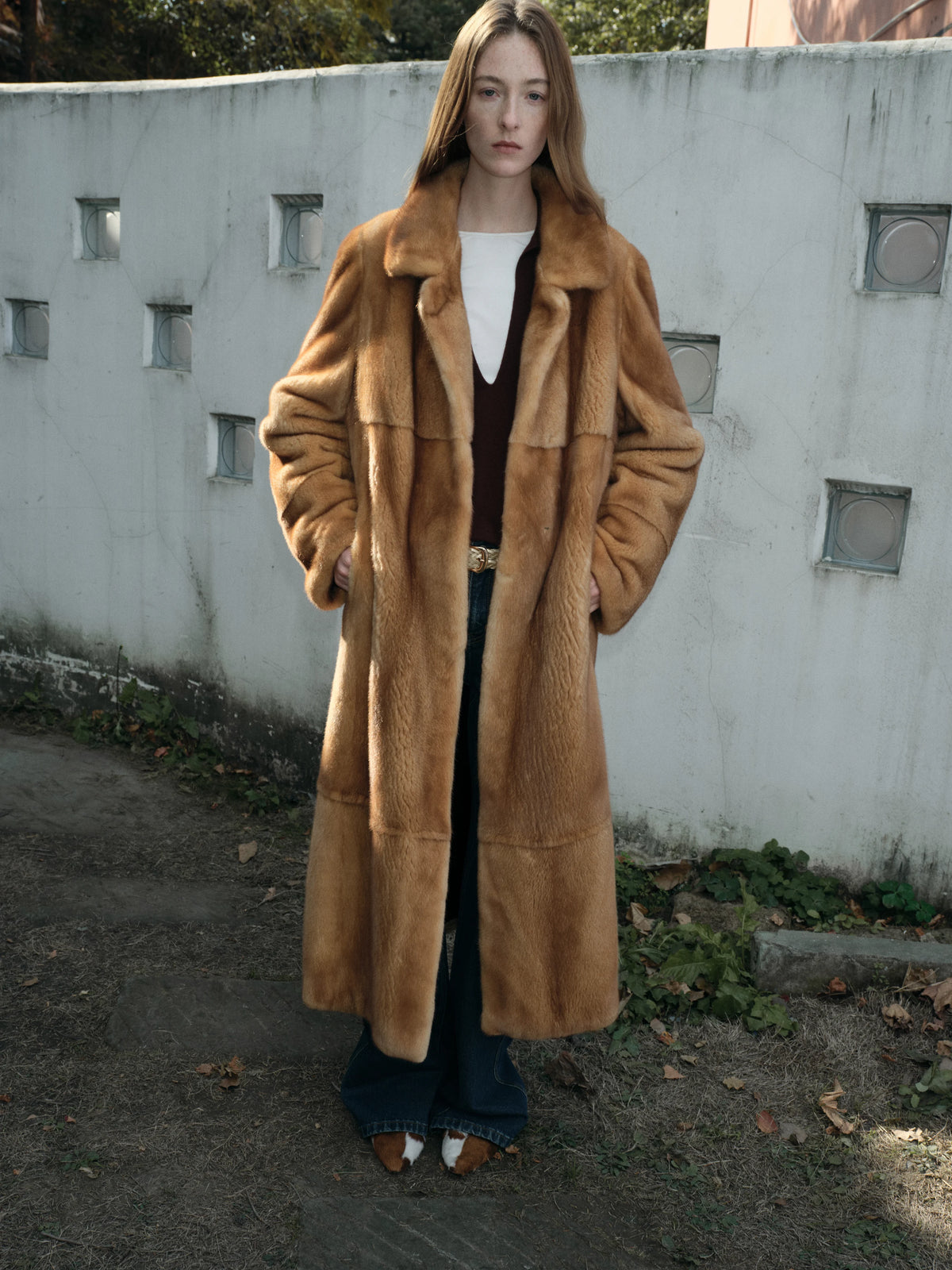 Long golden brown mink coat, campaign photograph from the Eastern Mink folder