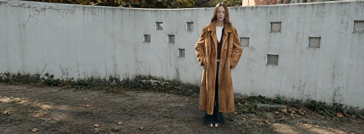 Long golden brown mink coat with the full coat length visible