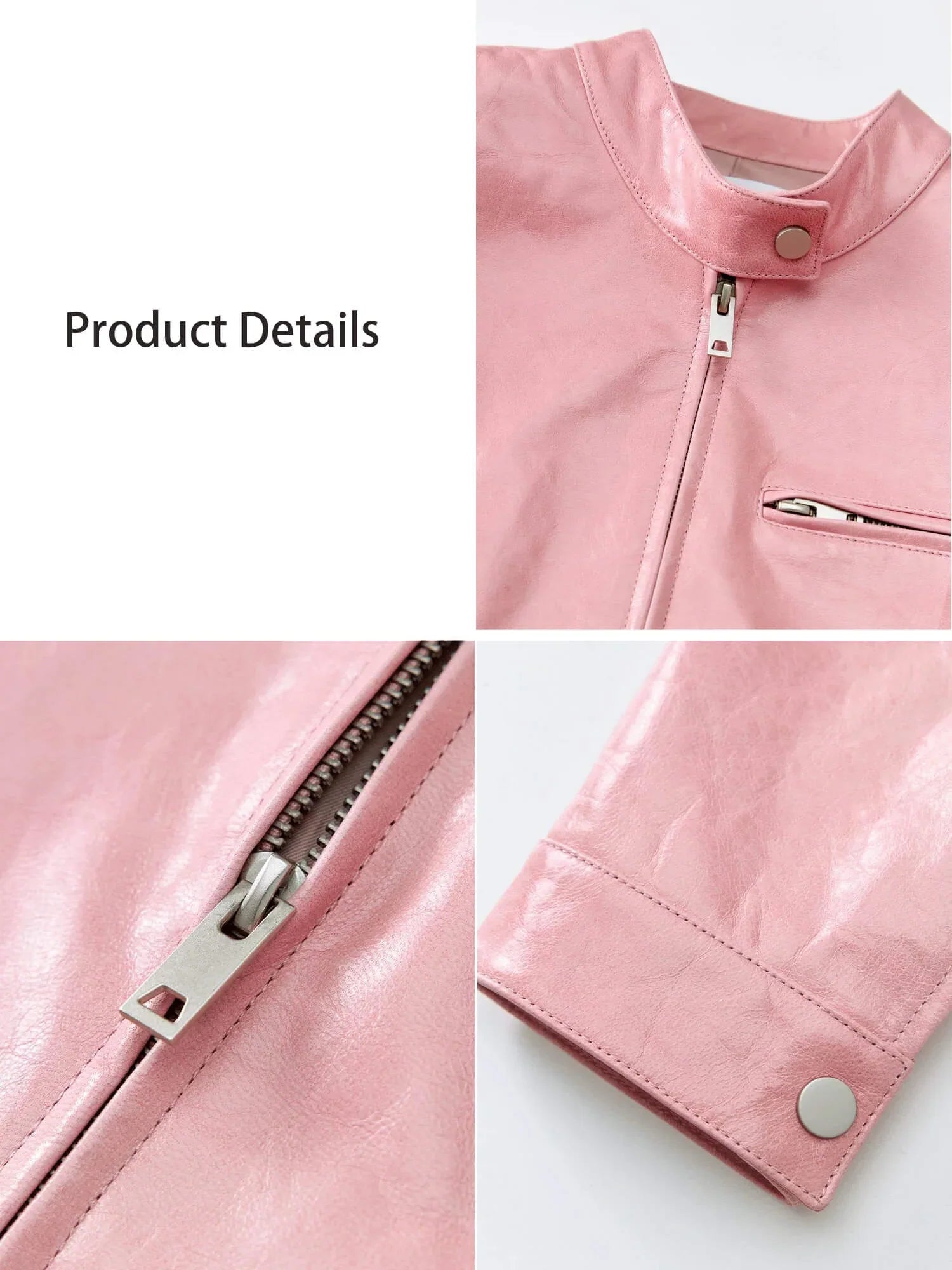 Pink lambskin cropped leather moto jacket zipper cuff and pocket details