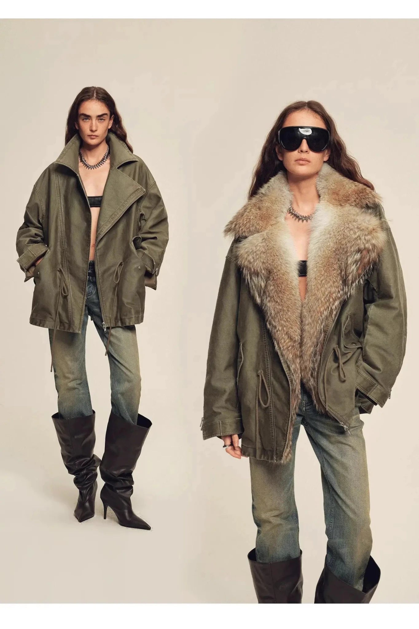 Firelady women's fur parka coat with two - tone Tuscan coyote fur collar, "Wilderness Parka"