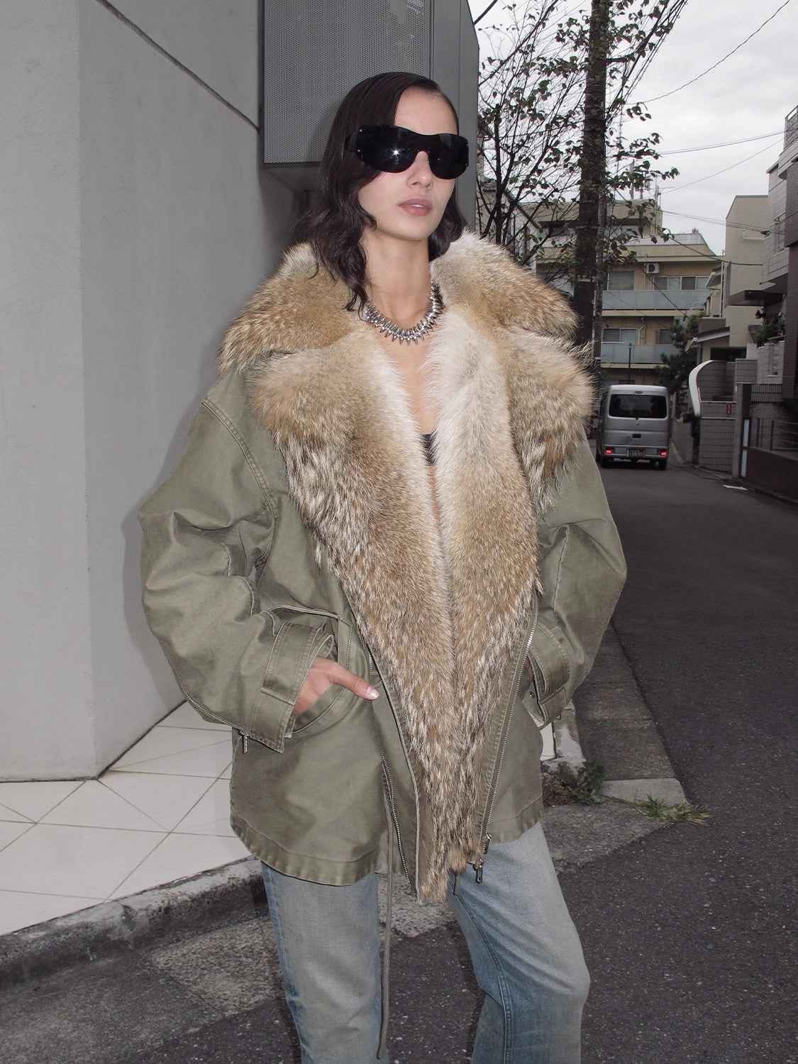 Firelady Wilderness Parka green coat with two-tone Toscana coyote fur collar