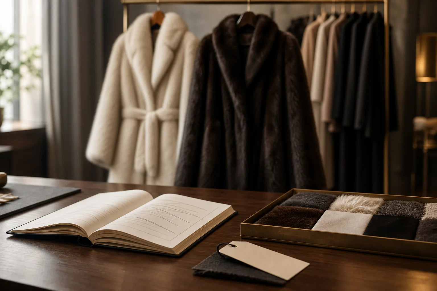 FireladyFur product path visual with fur coats, material swatches and an open editorial notebook