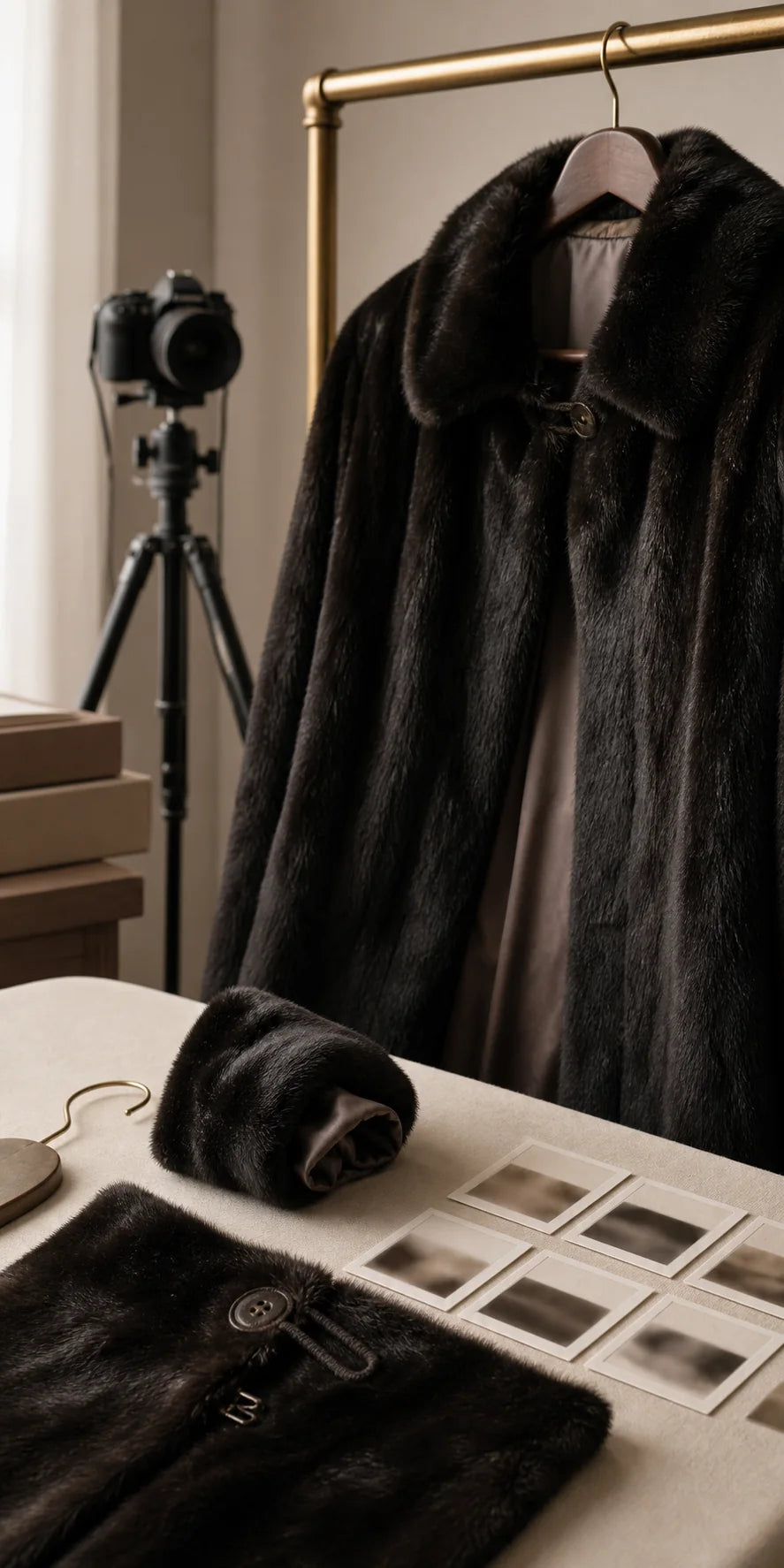 Fur coat resale photo-check setup with hanger, lining, cuff detail, camera and condition photos