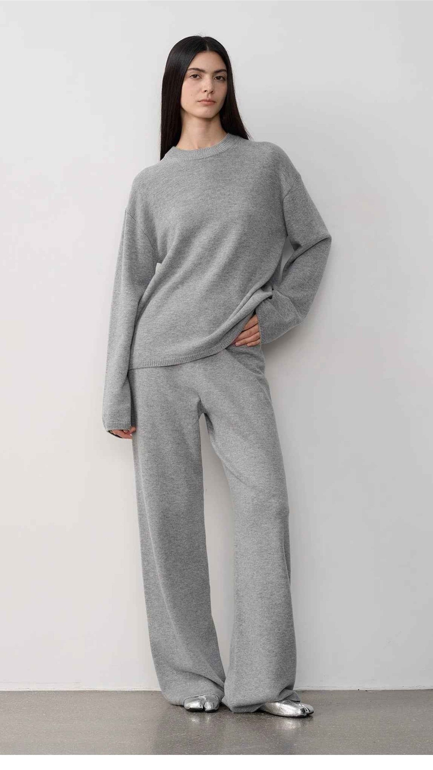 Firelady Fur Fall Winter Mischief gray merino wool knit outfit on model front view