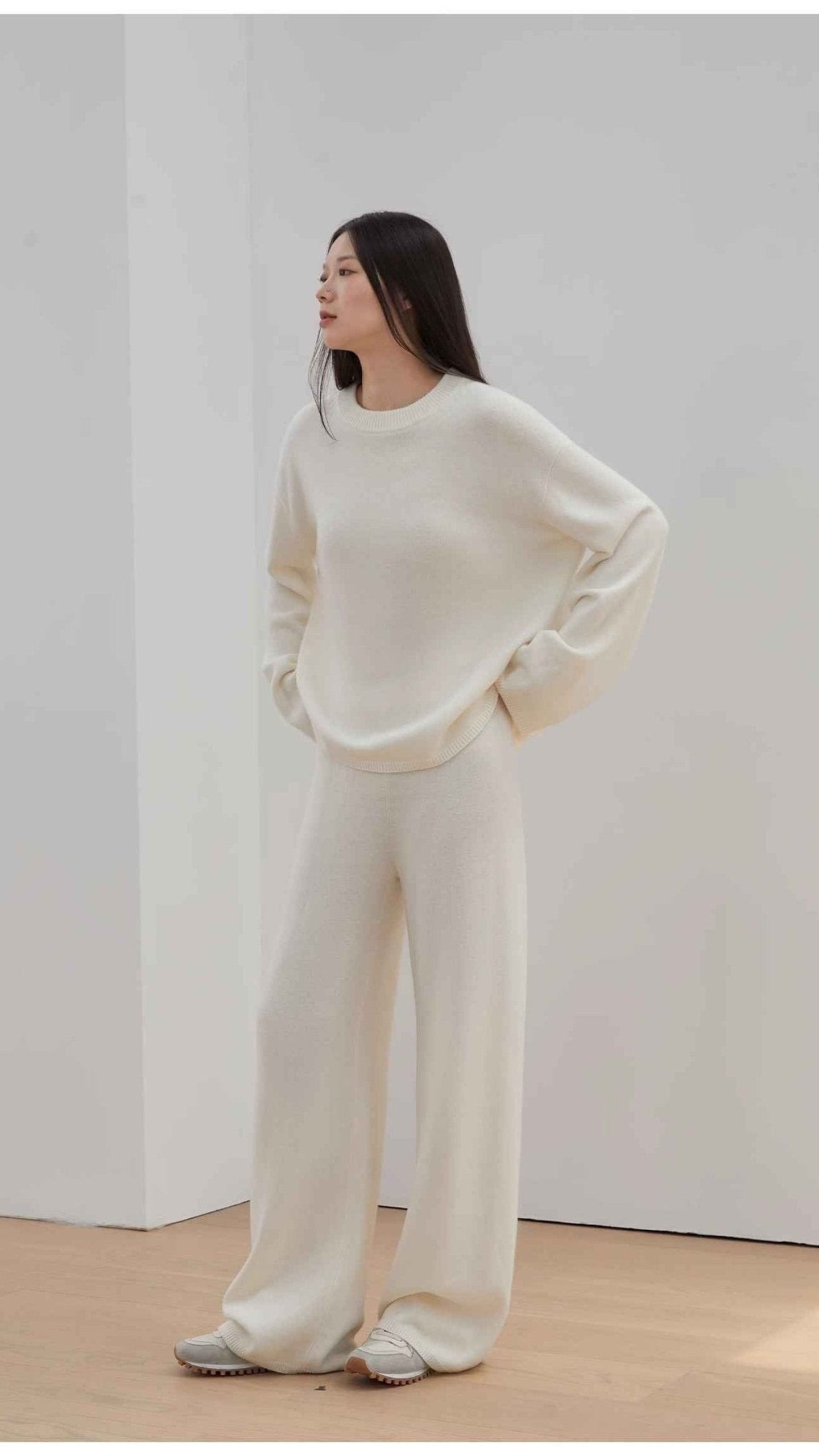 Firelady Fur Fall Winter Mischief ivory merino wool knit outfit side view on model