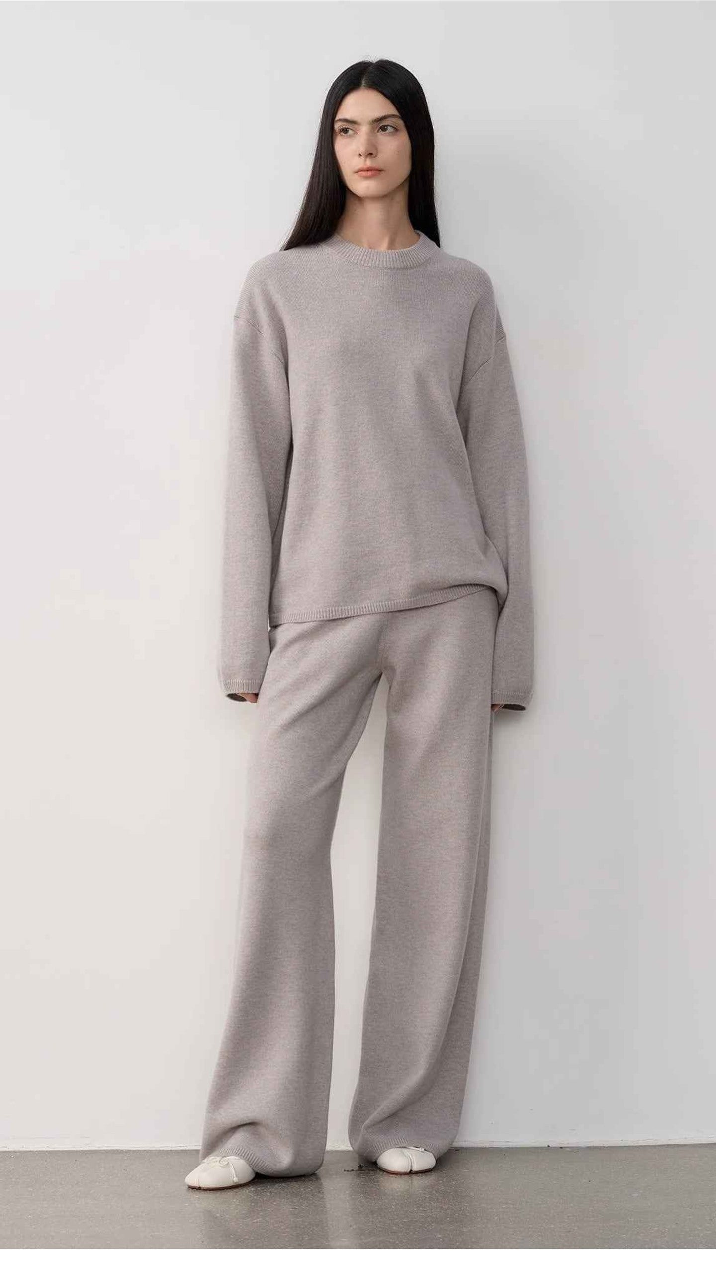 Firelady Fur Fall Winter Mischief light camel merino wool knit outfit on model front view
