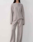 Firelady Fur Fall Winter Mischief light camel merino wool knit outfit on model front view
