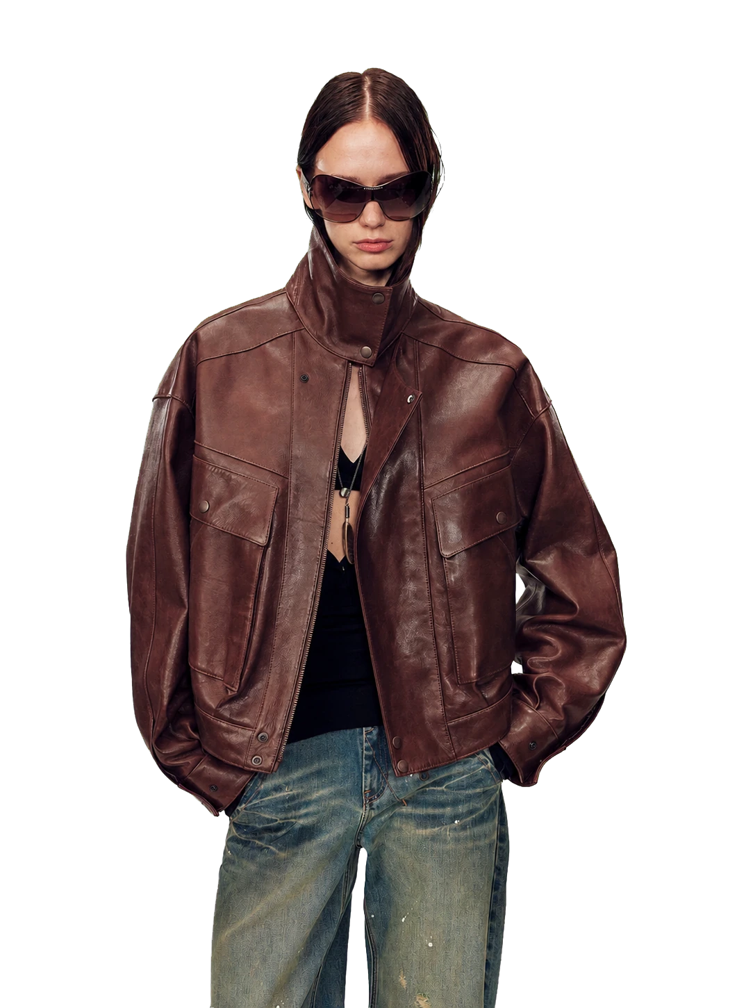 Woman wearing a brown funnel-neck leather jacket
