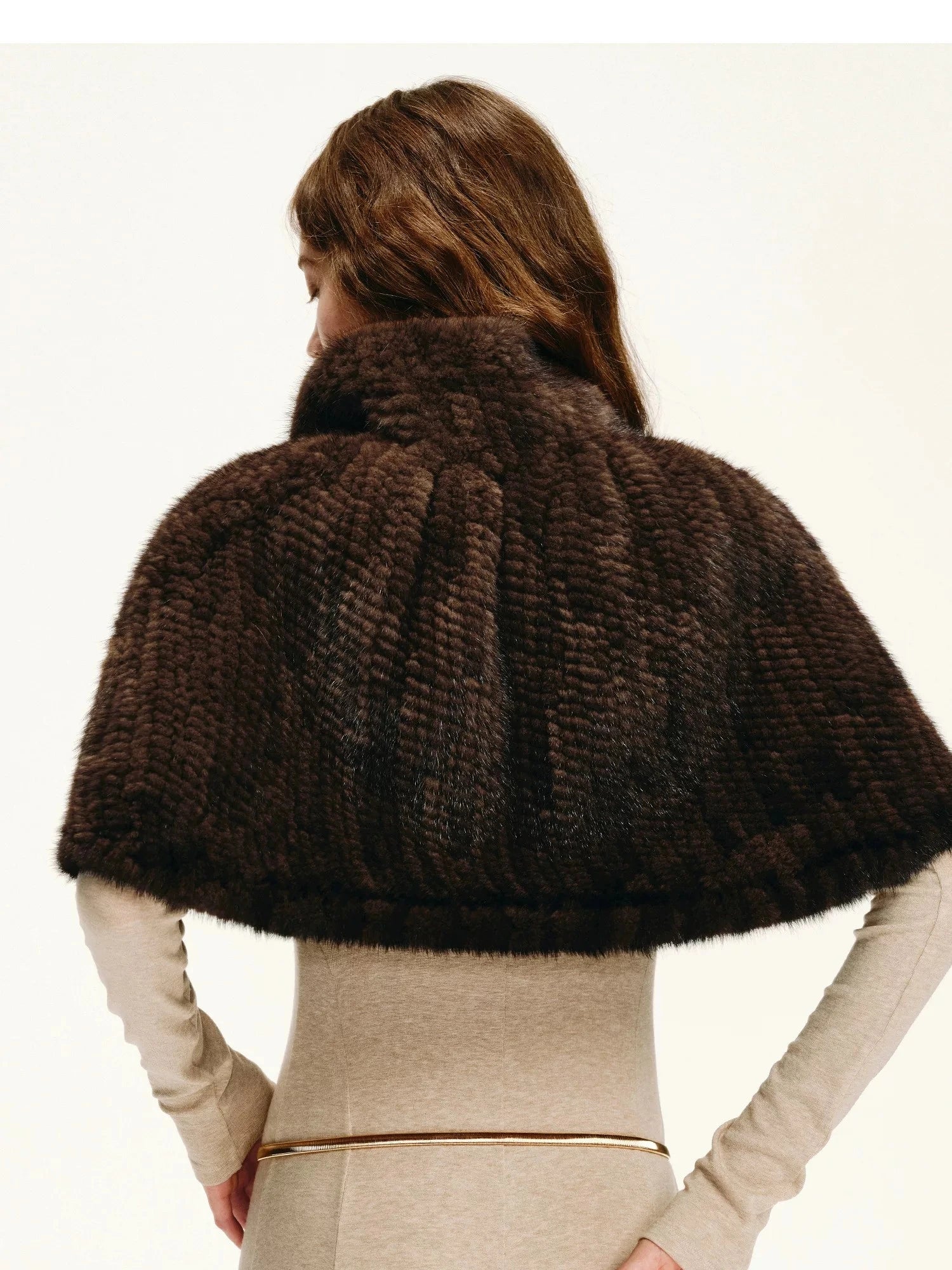 Fireladyfur Velvet Swan coffee brown handwoven mink fur cape back model view