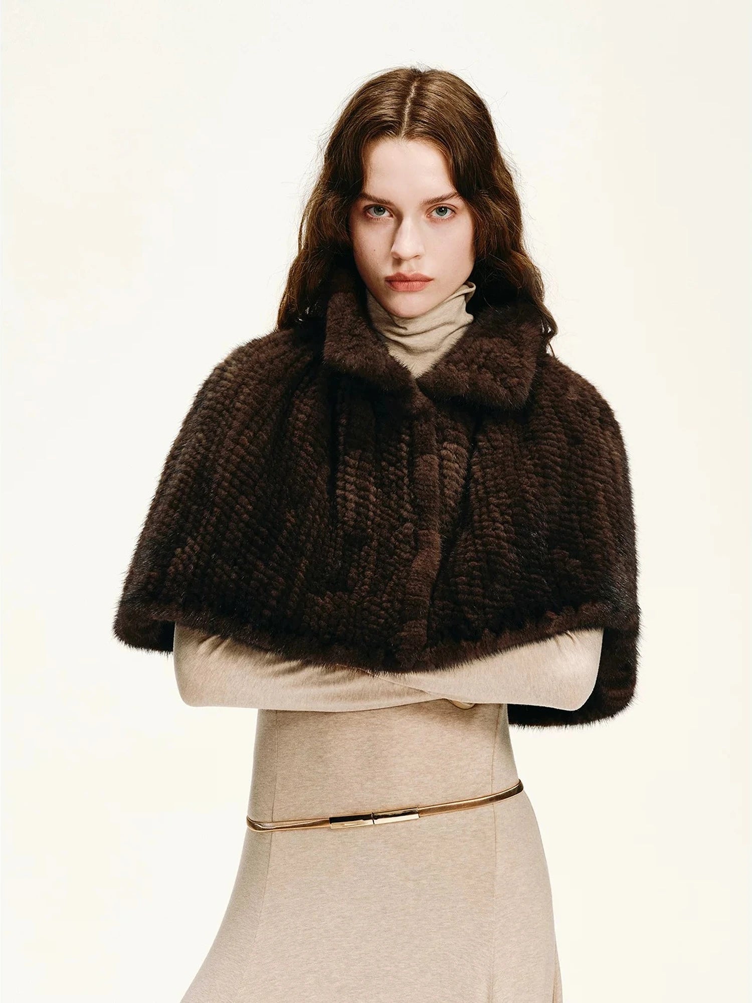 Fireladyfur Velvet Swan coffee brown woven mink fur cape close-up
