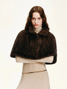 Fireladyfur Velvet Swan coffee brown woven mink fur cape close-up
