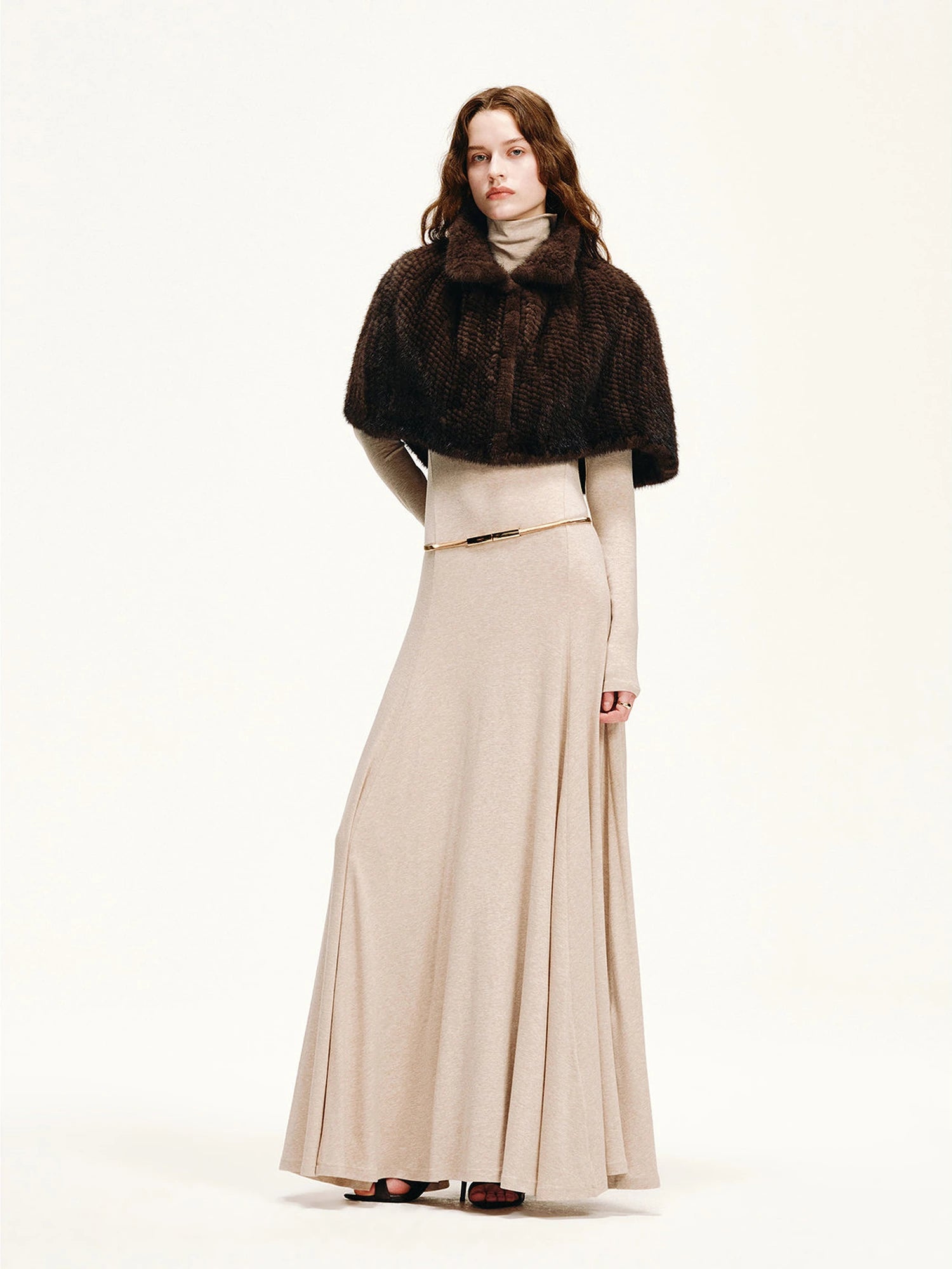 Fireladyfur Velvet Swan handwoven mink fur cape shawl in coffee brown product view