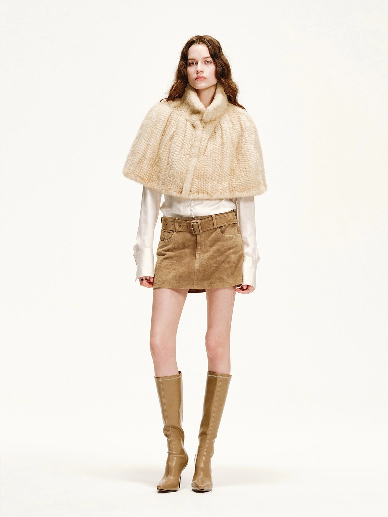 Fireladyfur Velvet Swan handwoven mink fur cape shawl in natural beige product view