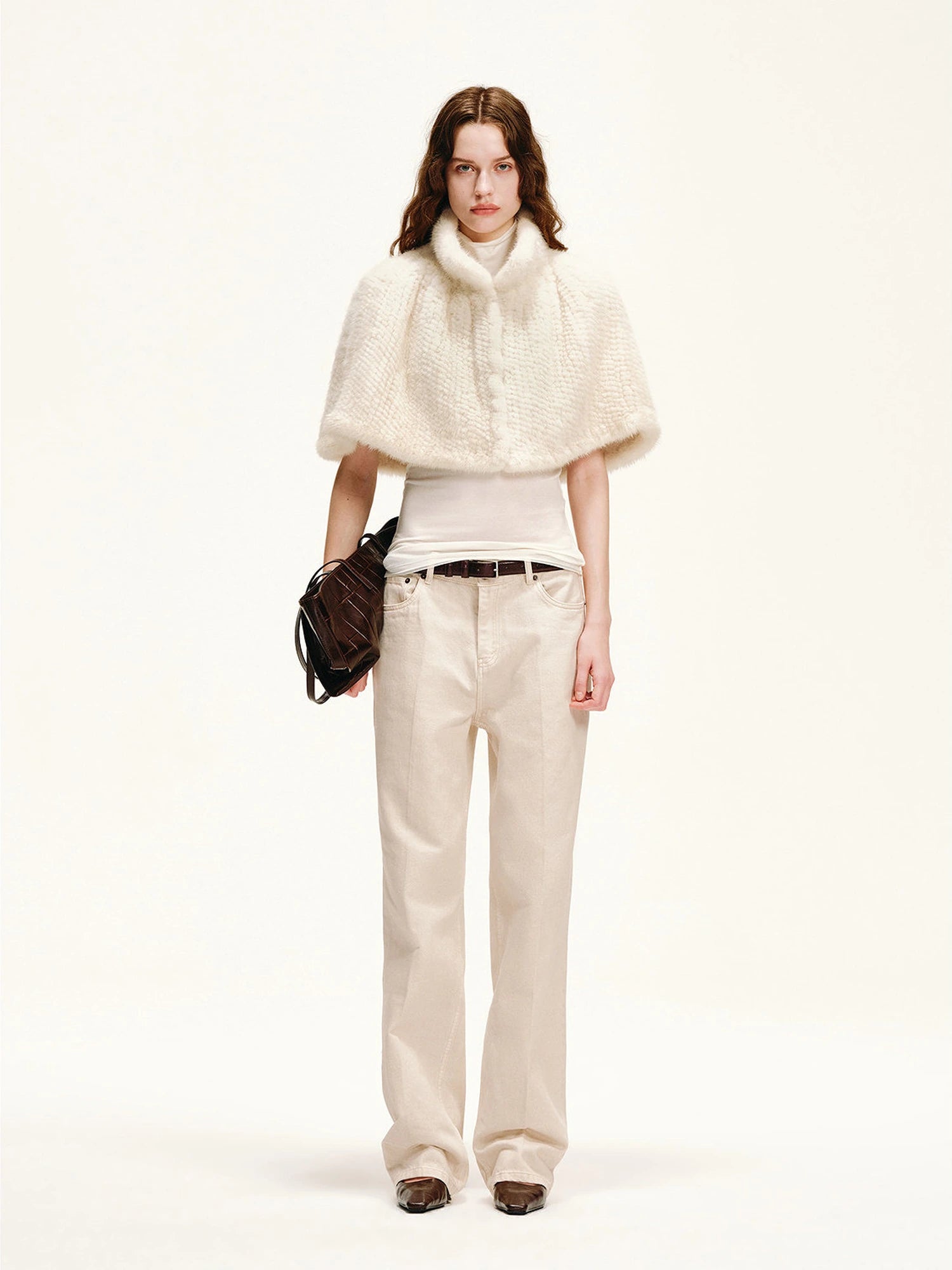Fireladyfur Velvet Swan handwoven mink fur cape shawl in pearl ivory product view