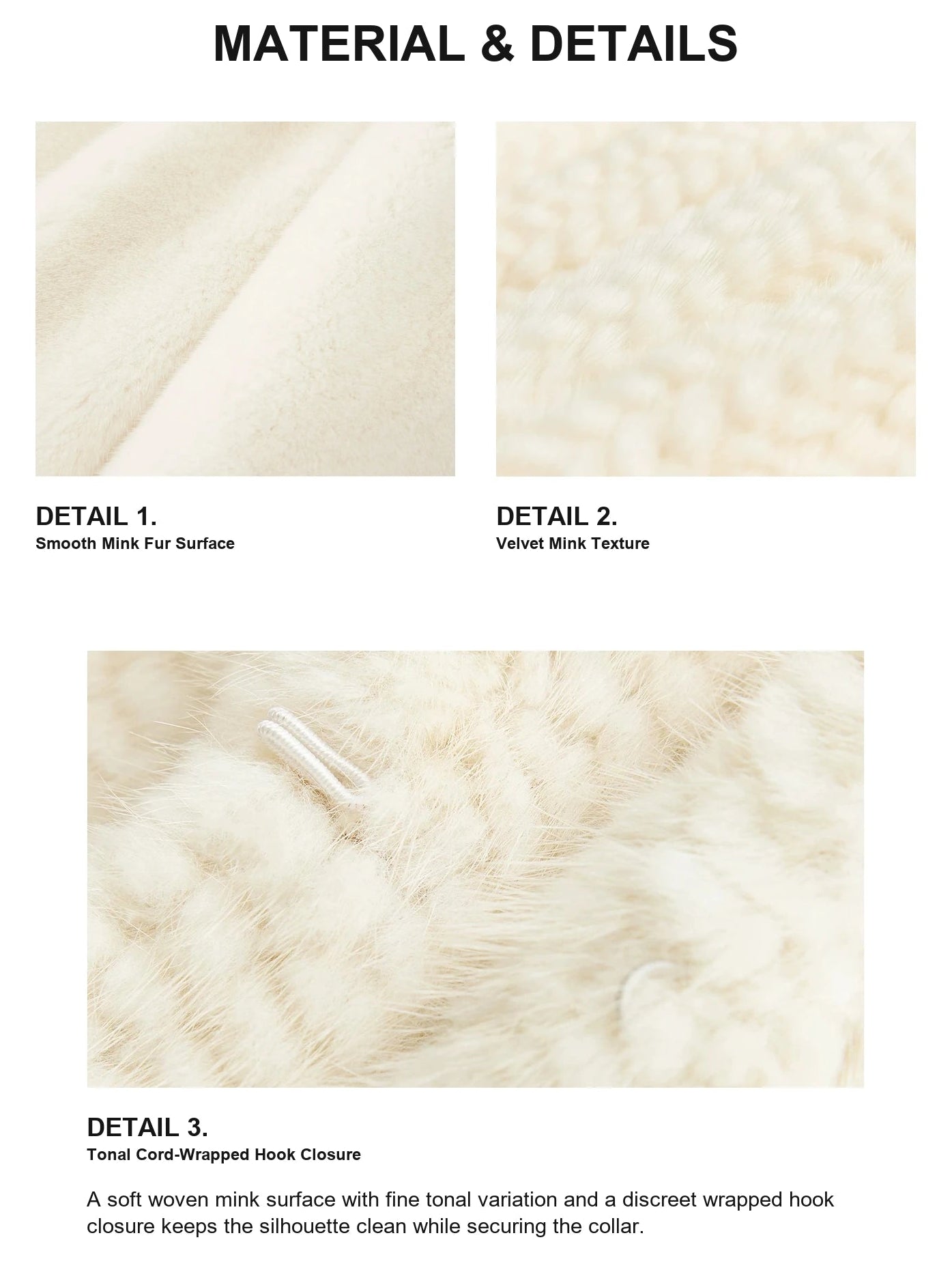 Fireladyfur Velvet Swan mink fur cape material and hook closure details