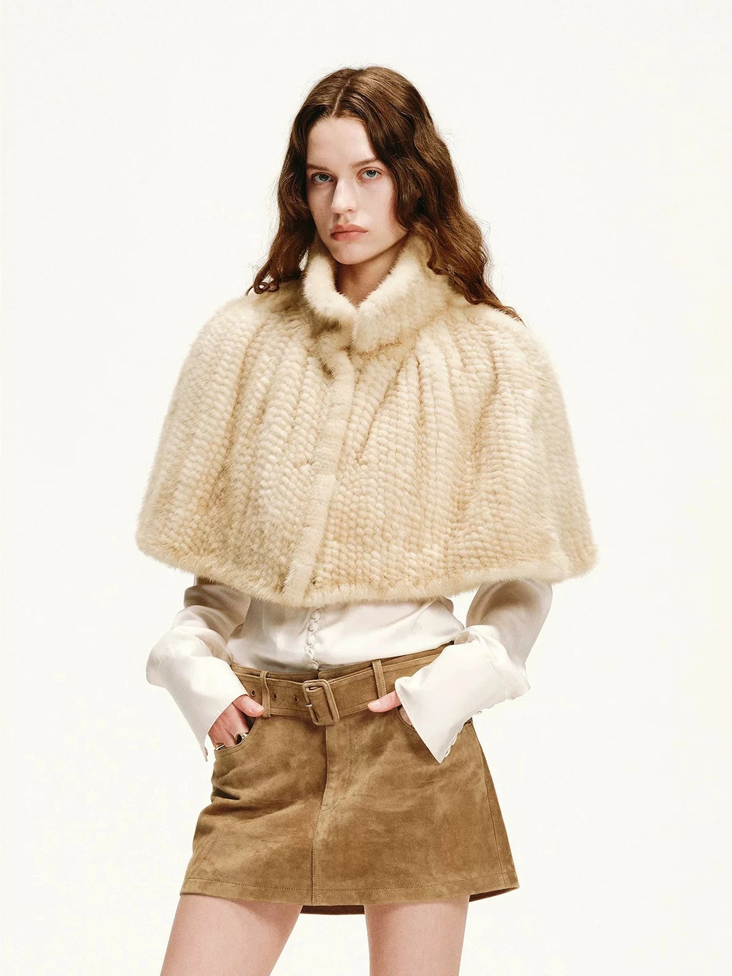 Fireladyfur Velvet Swan natural beige handwoven mink fur cape front model view