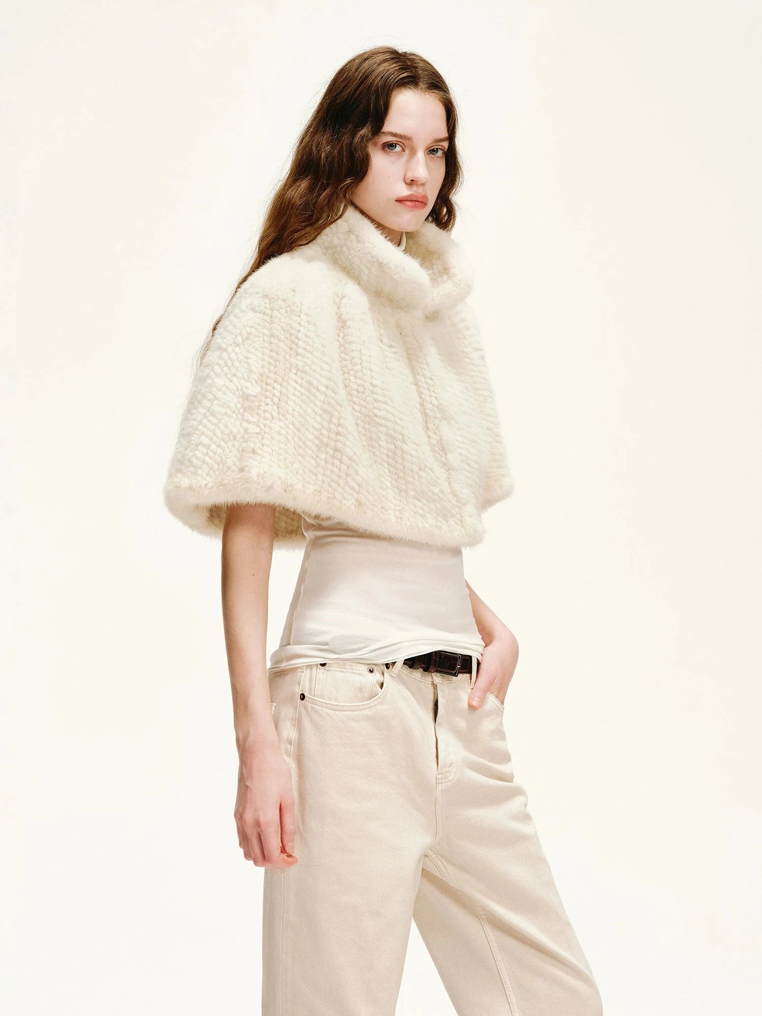 Fireladyfur Velvet Swan pearl ivory handwoven mink fur cape side model view