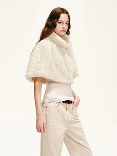 Fireladyfur Velvet Swan pearl ivory handwoven mink fur cape side model view